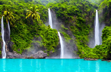Fototapeta na wymiar Beautiful waterfall with sunlight in jungle, paradise fantasy island. 3D Illustration