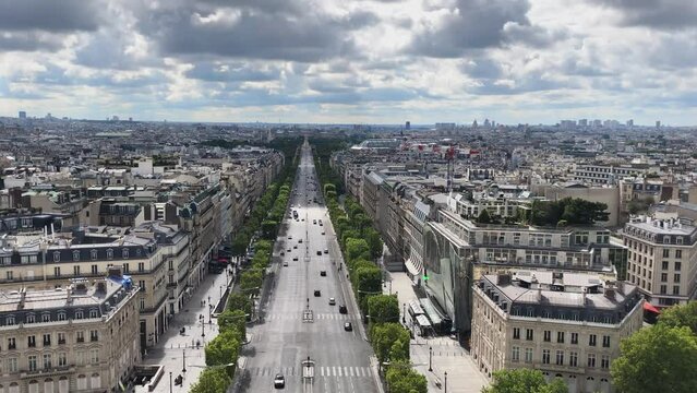 CHAMPS ELYSEES, France, Paris. Clear summer day. View from above. 4k High quality. The famous French street in the historical center of the city. Central and main street of the city.