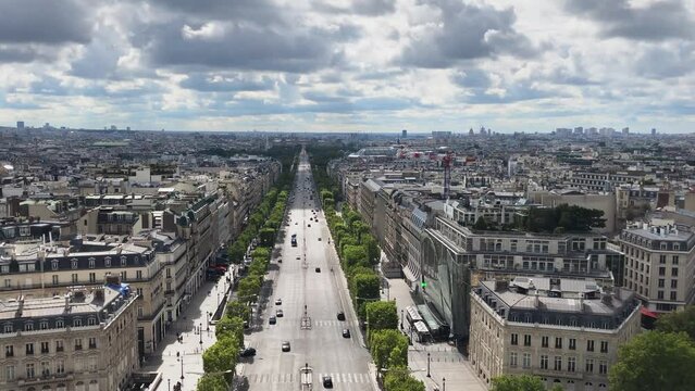 CHAMPS ELYSEES, France, Paris. Clear summer day. View from above. 4k High quality. The famous French street in the historical center of the city. Central and main street of the city. Time lapse.