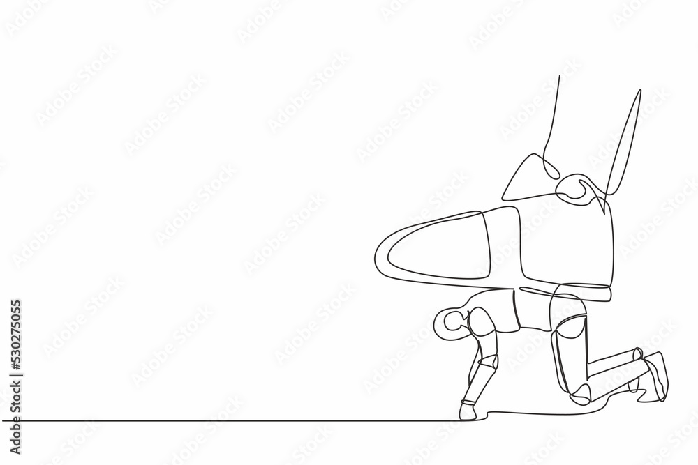 Poster single one line drawing robot crawling under giant foot trample. robot oppressed by the boss with un