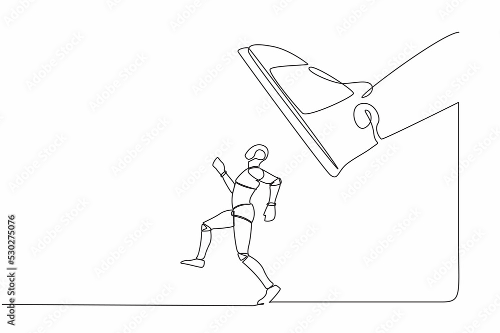 Poster single continuous line drawing robot run away from stomping foot. robot running from giant unfair bu