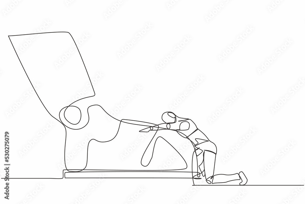 Poster single one line drawing of robot kneeling a giant foot or shoe. robot apologize to boss. future tech