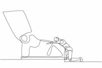 Single one line drawing of robot kneeling a giant foot or shoe. Robot apologize to boss. Future technology development. Artificial intelligence. Continuous line draw design graphic vector illustration
