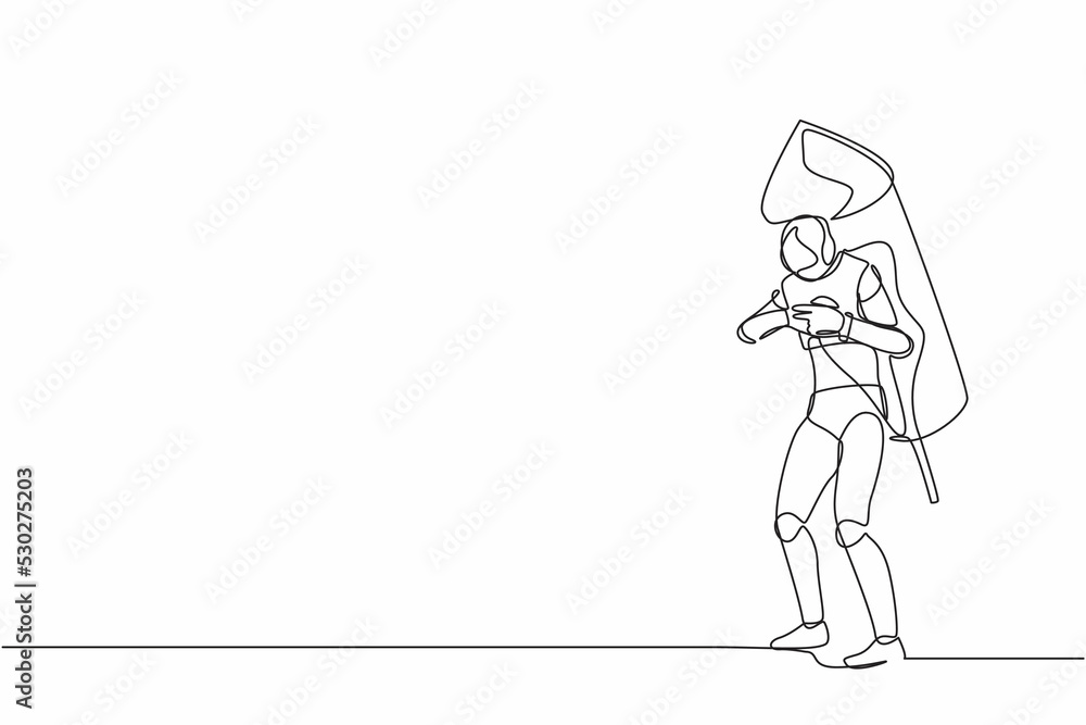Poster continuous one line drawing robot ignites big fireworks rocket attached to his back. humanoid robot 