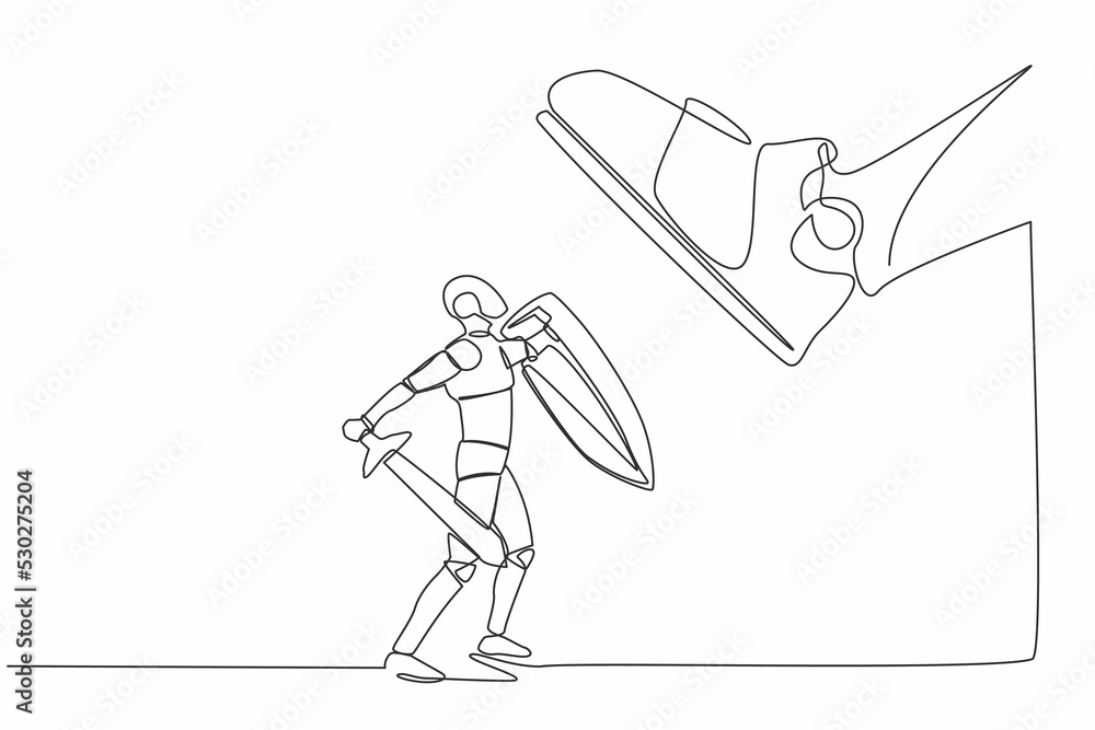 Poster single one line drawing of robot fight to giant foot with shield and sword. robot against boss big s