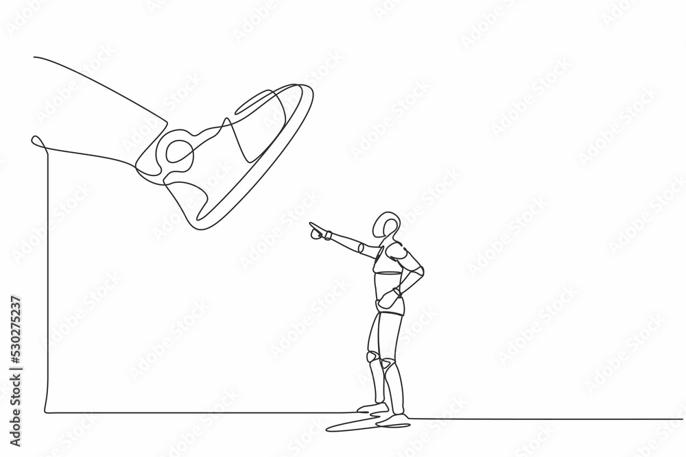Poster single continuous line drawing robot facing against giant shoes stomping. robot pointing against gia