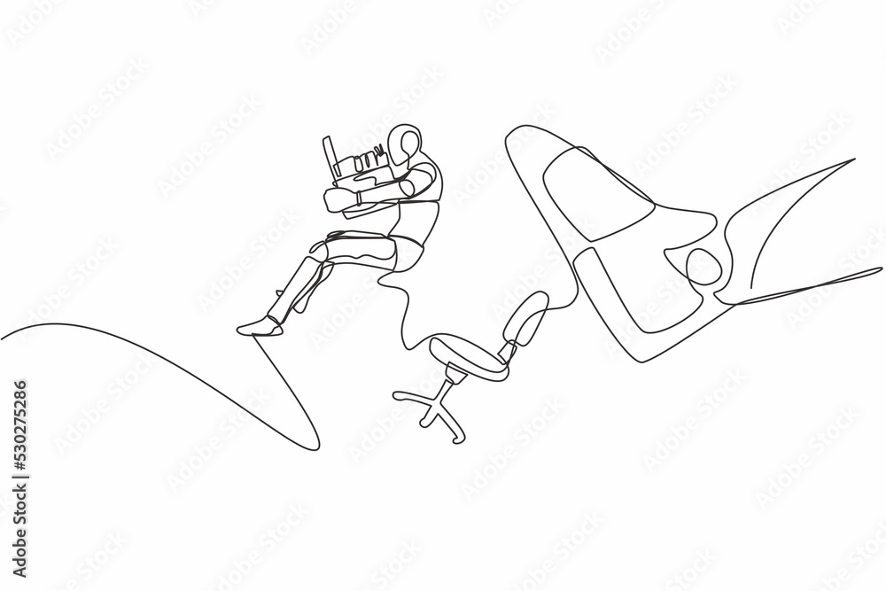 Poster single continuous line drawing robot kicked out of work with office supplies. tech reduction. roboti