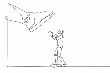 Single one line drawing robot punching uppercut under big foot stomp. Robot against authoritarian or anger boss. Future technology development. Continuous line draw design graphic vector illustration - obrazy, fototapety, plakaty