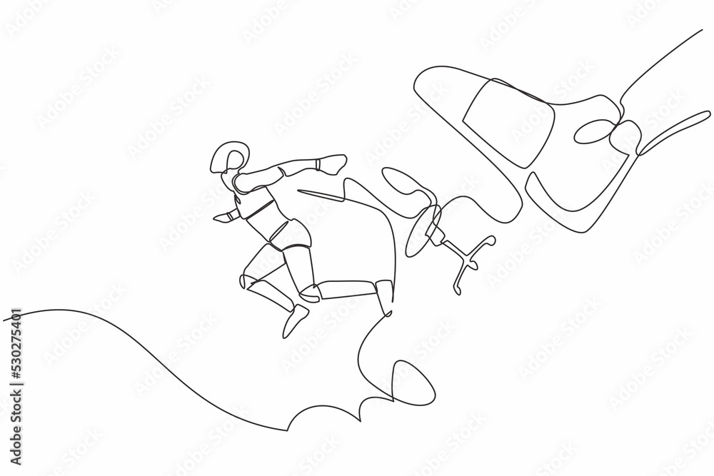 Poster continuous one line drawing small robot kicked out by big foot. robot kicked away from chair by gian