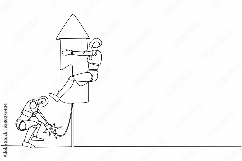 Poster single one line drawing robot ignite firework rocket while his teammates prepare to fly on the rocke