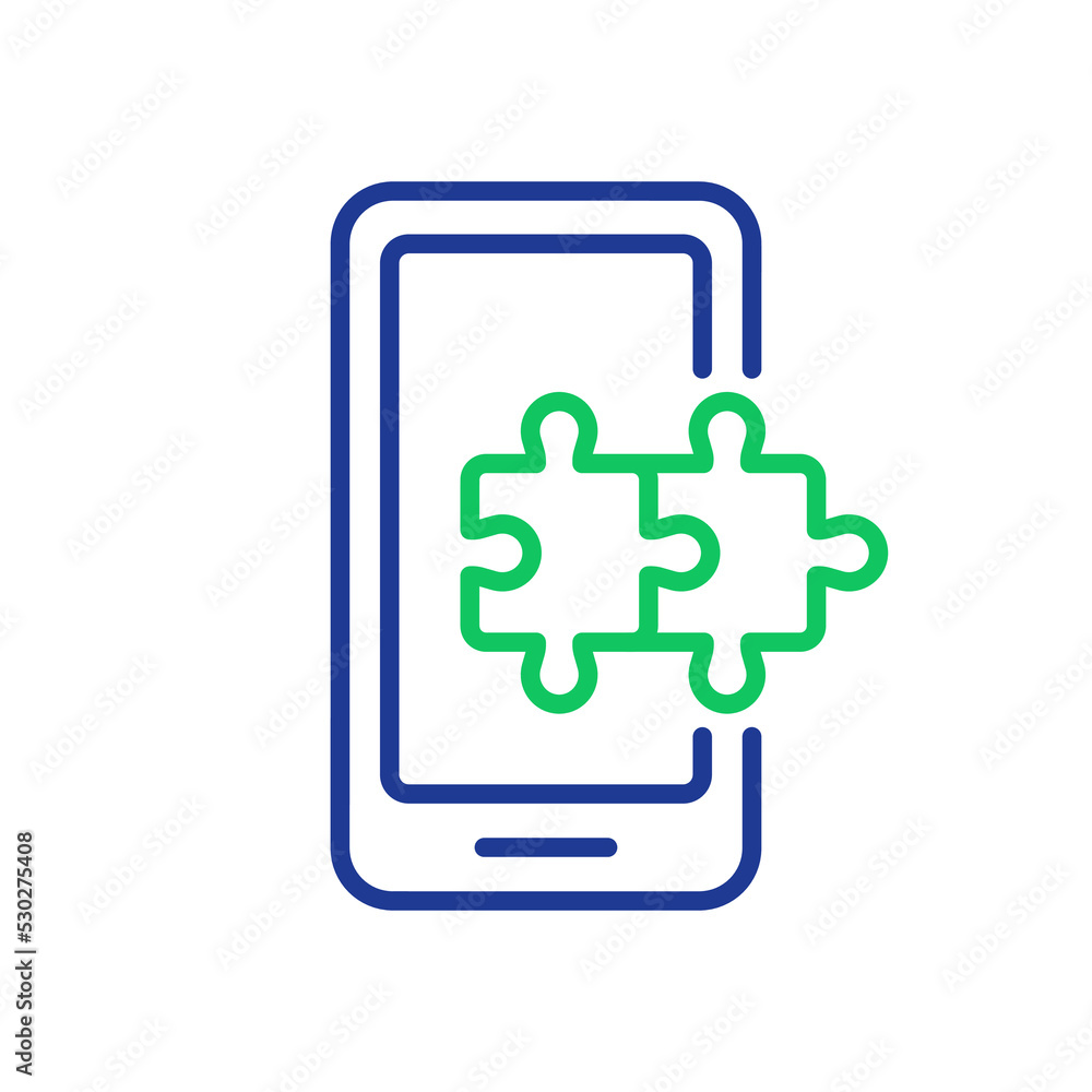 Poster mobile phone with puzzle line icon. jigsaw in smartphone mobile app linear pictogram. digital game c