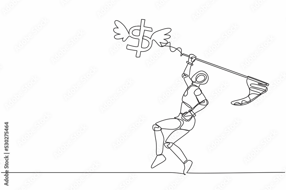 Poster continuous one line drawing robot try to catching flying dollar sign symbol with butterfly net. fina