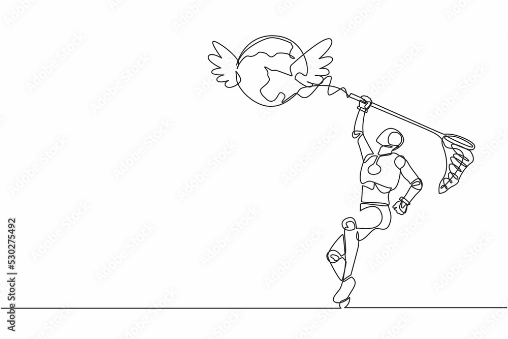 Poster single one line drawing robot try to catching flying globe with butterfly net. business trip and tra