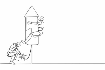 Fototapeta na wymiar Single one line drawing robot ignite firework rocket while his teammates prepare to fly on the rocket. Modern robotic artificial intelligence. Continuous line draw design graphic vector illustration