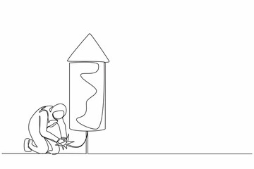 Single continuous line drawing smart Arabian businesswoman launching firework rocket. Increase company growth or economic boom, career development concept. One line graphic design vector illustration