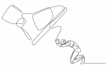 Single one line drawing robot kneel down under giant feet. Concept for authority, exploitation, dictator figure. Future technology development. Continuous line draw design graphic vector illustration