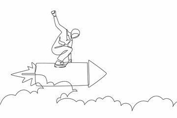 Single continuous line drawing Arabian businesswoman standing astride a rocket and flying through the air. Successful business and motivation concept. One line draw graphic design vector illustration