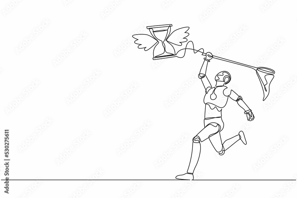 Aufkleber continuous one line drawing robot try to catching flying hourglass with butterfly net. stress, deadl