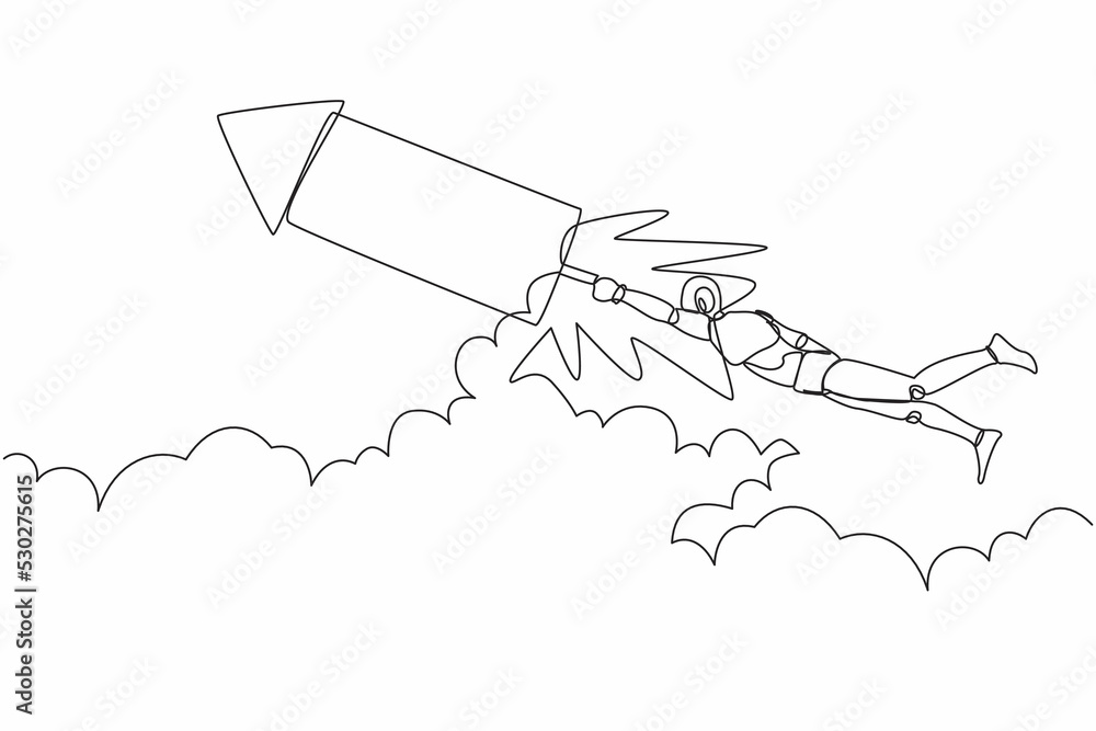 Poster single continuous line drawing robot fly on fireworks rockets while looking at business opportunitie