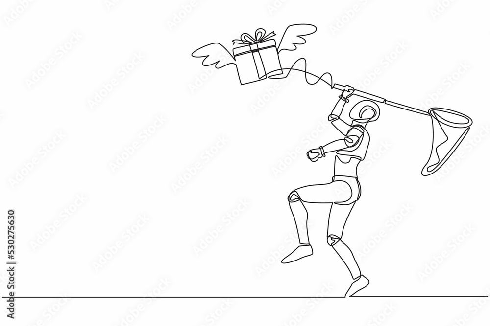 Aufkleber single one line drawing robot try to catching flying gift box with butterfly net. winged gift box, p