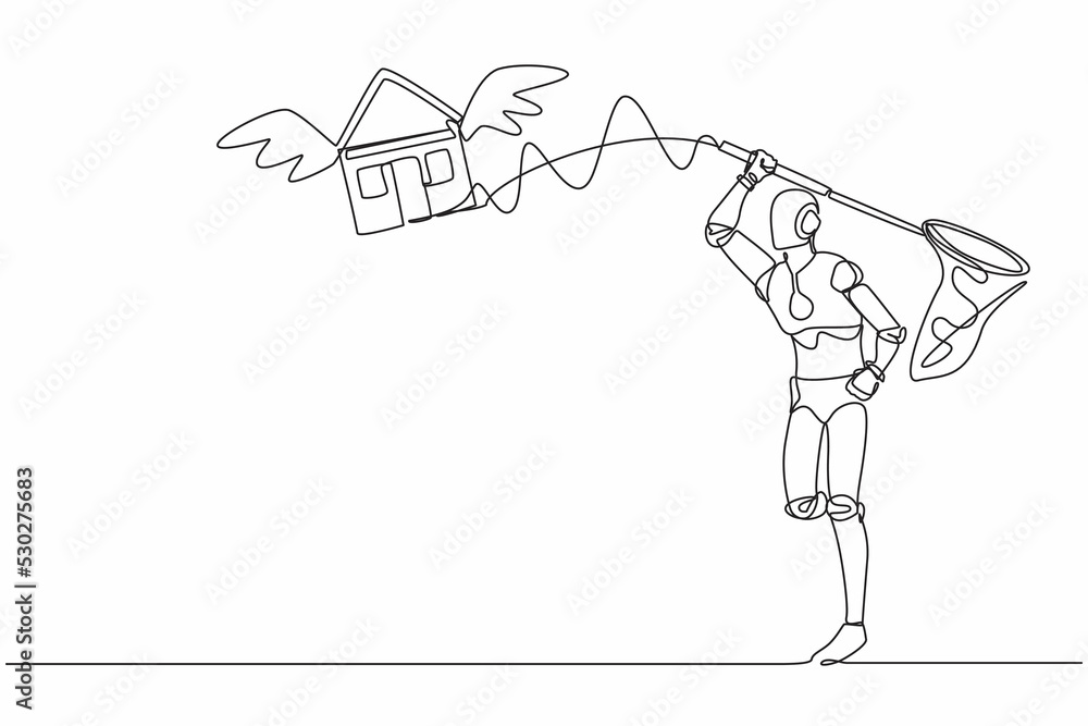 Poster single one line drawing robot try to catching flying house with butterfly net. price increases of ho
