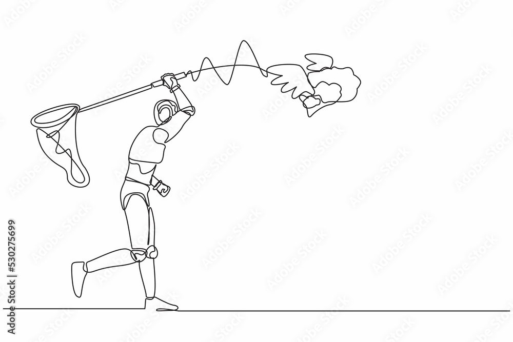 Poster continuous one line drawing robot try to catch flying brain with butterfly net. genius idea for robo