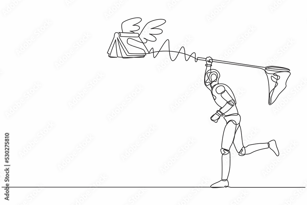 Poster single continuous line drawing robot try to catching flying book with butterfly net. education and t