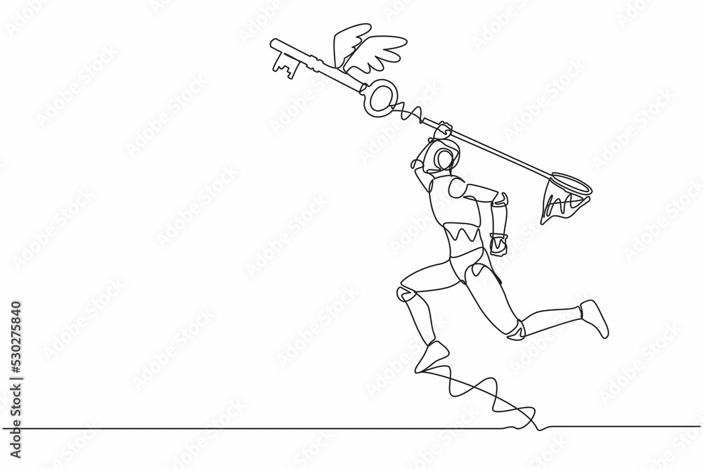 Poster single continuous line drawing robot try to catching flying key with butterfly net. find key to solv