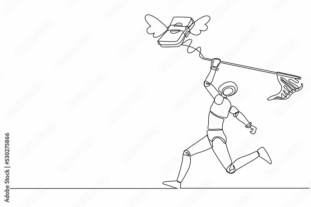 Poster single continuous line drawing robot try to catching flying money stacks with butterfly net. budget 