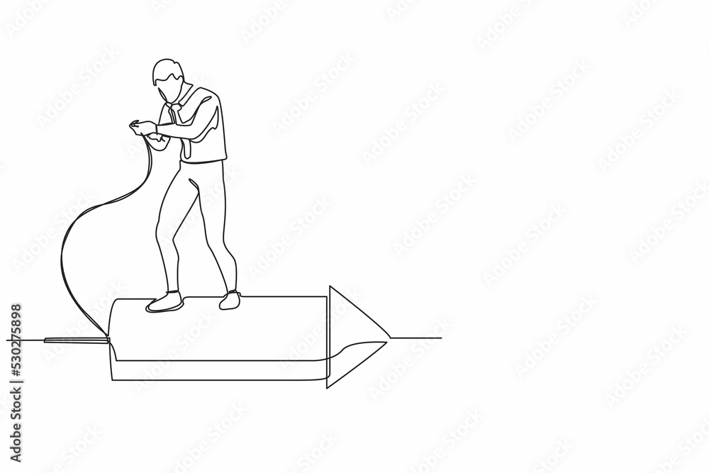 Aufkleber continuous one line drawing businessman standing on firework rocket and trying to set it on fire to 