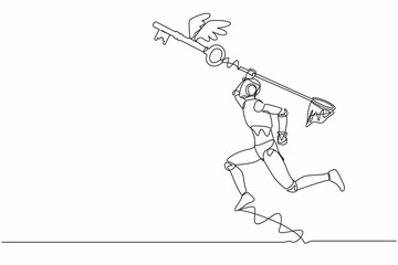 Single continuous line drawing robot try to catching flying key with butterfly net. Find key to solve technology problems. Robotic artificial intelligence. One line graphic design vector illustration