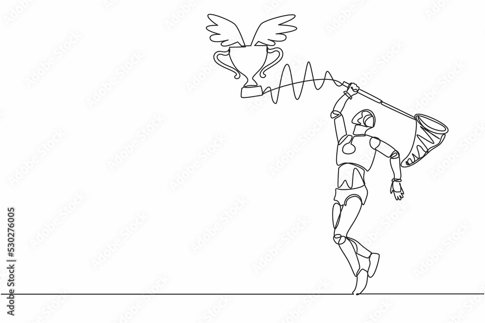 Poster continuous one line drawing robot try to catching flying trophy with butterfly net. sport tech game.