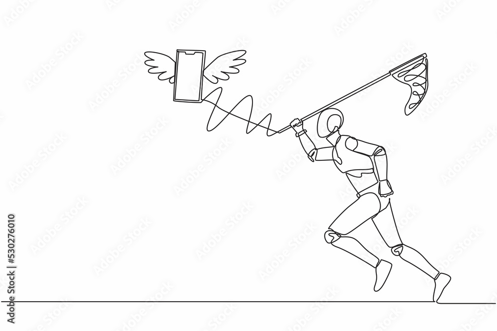 Poster single one line drawing robot try to catch flying smartphone with butterfly net. talking, communicat