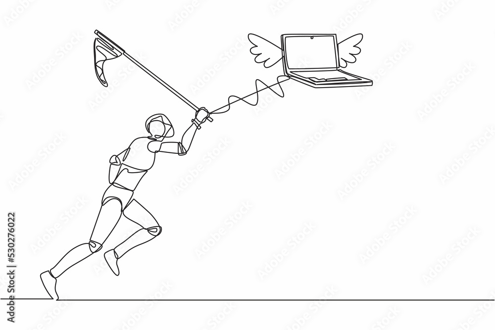 Poster continuous one line drawing robot try to catching flying laptop with butterfly net. system data comp