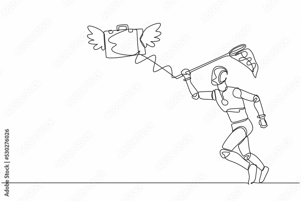 Poster single continuous line drawing robot try to catch flying briefcase with butterfly net. high performa