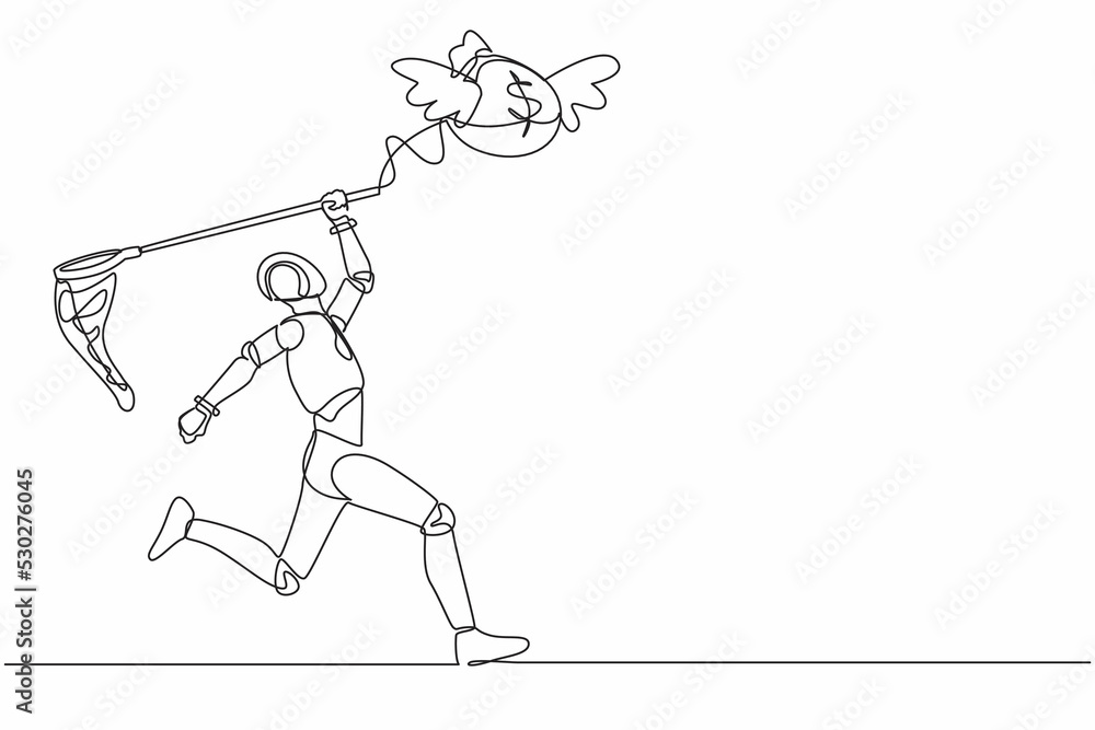 Poster continuous one line drawing robot try to catch flying money bag with butterfly net. achieving profit