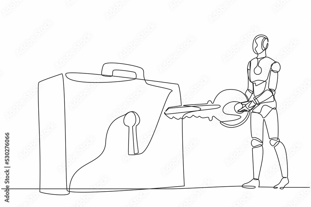 Poster single one line drawing robot putting key into briefcase. safety bag for secret document. investment