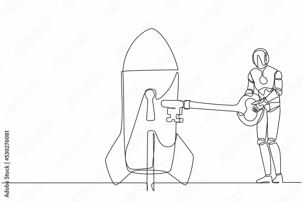 Aufkleber single continuous line drawing robot putting key into rocket. launching new tech business product. r