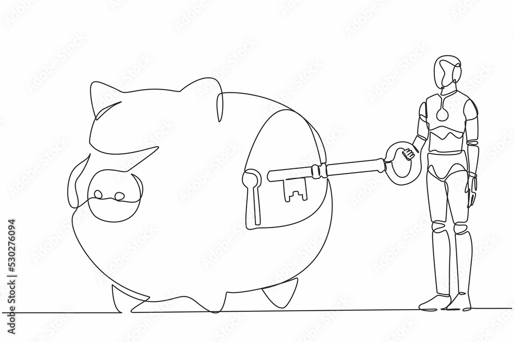 Poster continuous one line drawing robot putting big key into piggy bank. personal saving or money security