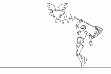 Continuous one line drawing robot try to catching flying trophy with butterfly net. Sport tech game. Victory trophies, awards. Humanoid cybernetic organism. Single line draw design vector illustration