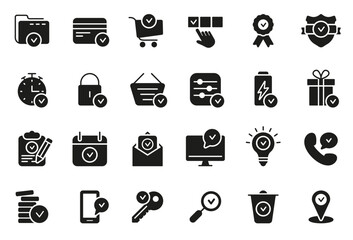 Set of Approve Silhouette Icons. Check Marks, Ticks Black Pictogram. Contains such Icons as Check List, Test, Award, Quality Control. Isolated Vector illustration