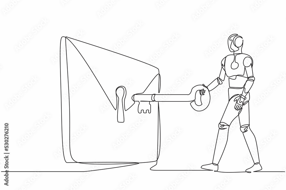 Poster single one line drawing robot putting big key into mail. digital message protection or email securit