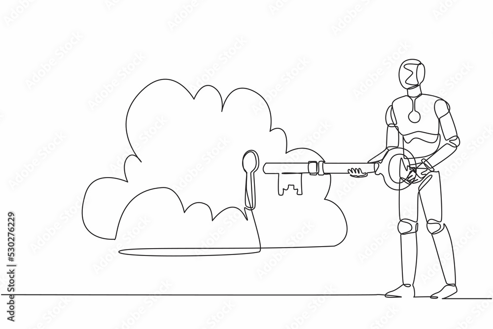 Poster continuous one line drawing robot putting big key into cloud. safety storage, password lock security