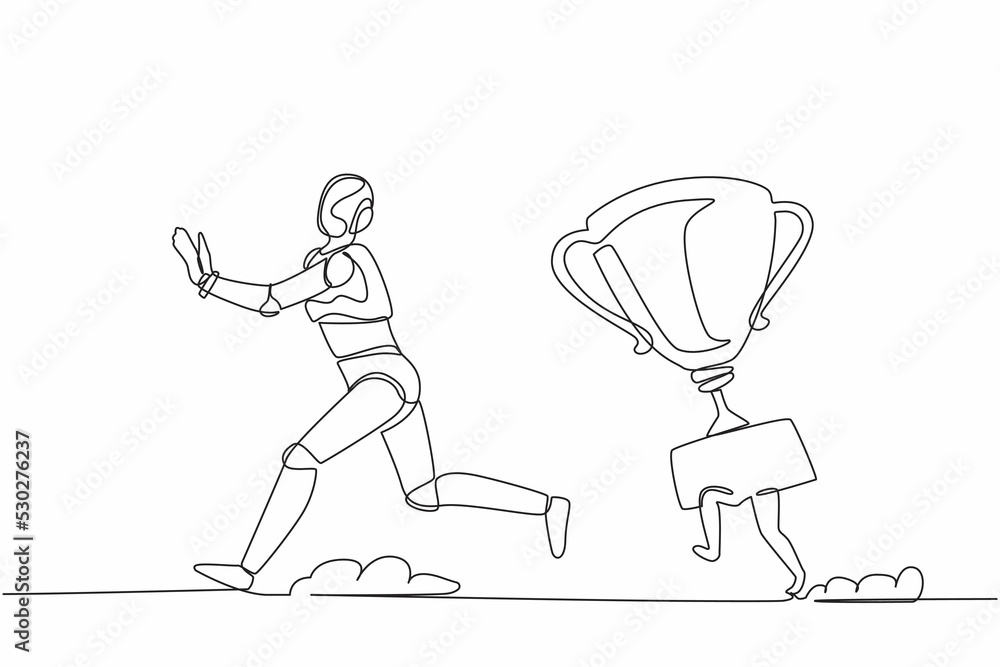 Poster single continuous line drawing stressed robot being chased by trophy. confused with business goals f