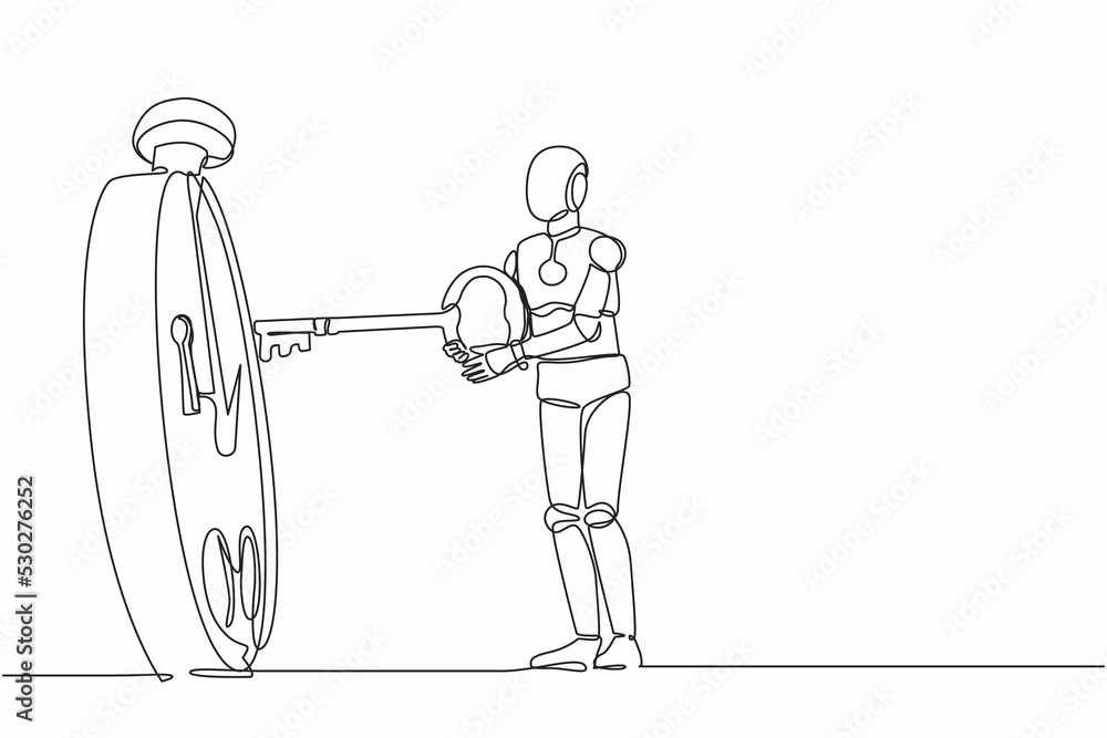 Poster single continuous line drawing robot putting big key into stopwatch. effective planning for producti