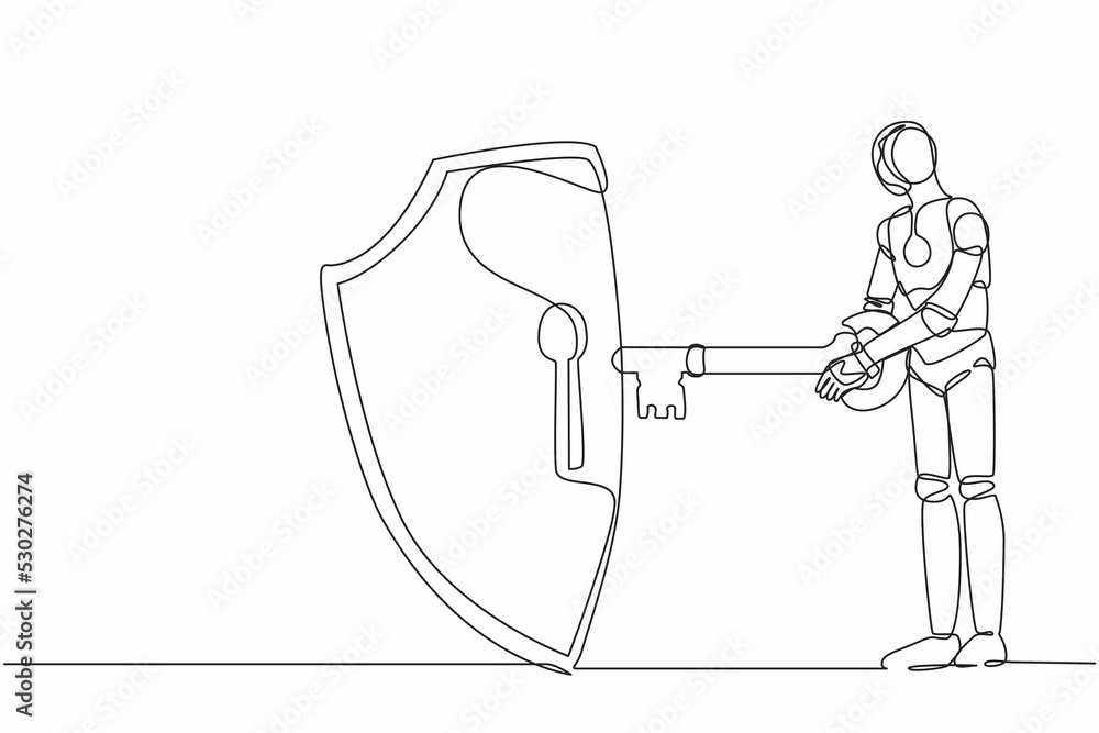 Poster single one line drawing robot put key into shield. internet security and protection. encryption, enc
