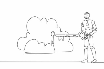 Continuous one line drawing robot putting big key into cloud. Safety storage, password lock security authentication. Humanoid robot cybernetic organism. Single line design vector graphic illustration