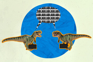 Collage photo of two dangerous absurd big business gentleman dino hold bags having conversation...