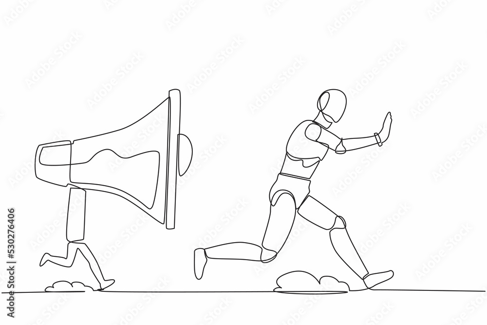 Poster continuous one line drawing stressed robot being chased by megaphone. robot in loud screaming for ma