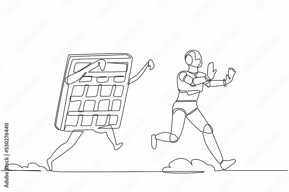Poster single continuous line drawing stress robot being chased by calculator. difficult in calculations of